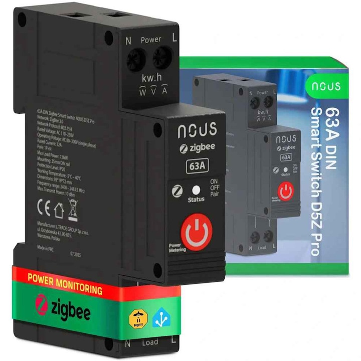 Siguranta Smart NOUS D5Z Pro, 32 A Continuu, 63 A Varf Scurt, Zigbee 3.0, 1 canal, monitorizare energie (W, kWh, V, A), monitorizare consum, montare pe sina DIN