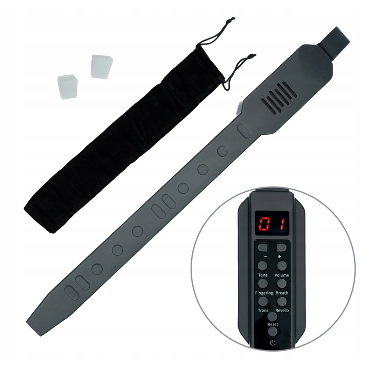 MusicMate D10 Aerotone elektronikus fúvós hangszer, 10 hangszer 1-ben, fekete, 34x3,5x2,5cm, komplett szett 2 tartozékkal és tokkal