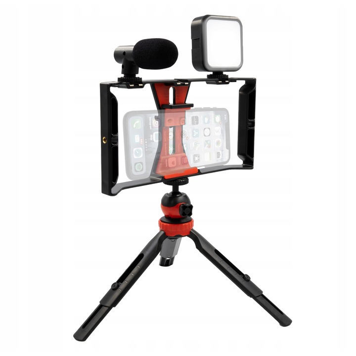 MusicMate MM-AS30 streaming állvány, teljes készlet mikrofonnal, LED lámpával, AUX kábellel és USB-C kábellel, 40x13x24cm, fekete