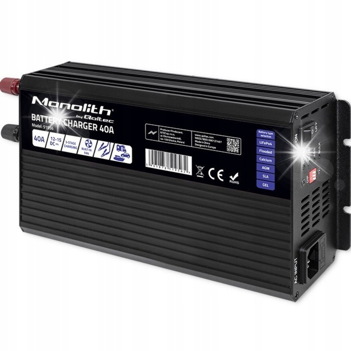 Qoltec intelligens töltő LiFePO4, AGM, GEL, SLA akkumulátorokhoz, 40A, 12V, fekete, teljes készlet