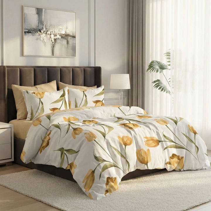 ELVO Economy dupla ágyneműgarnitúra, 6 részes, tulipános, fehér/sárga, LEE8 Ralex Pucioasa