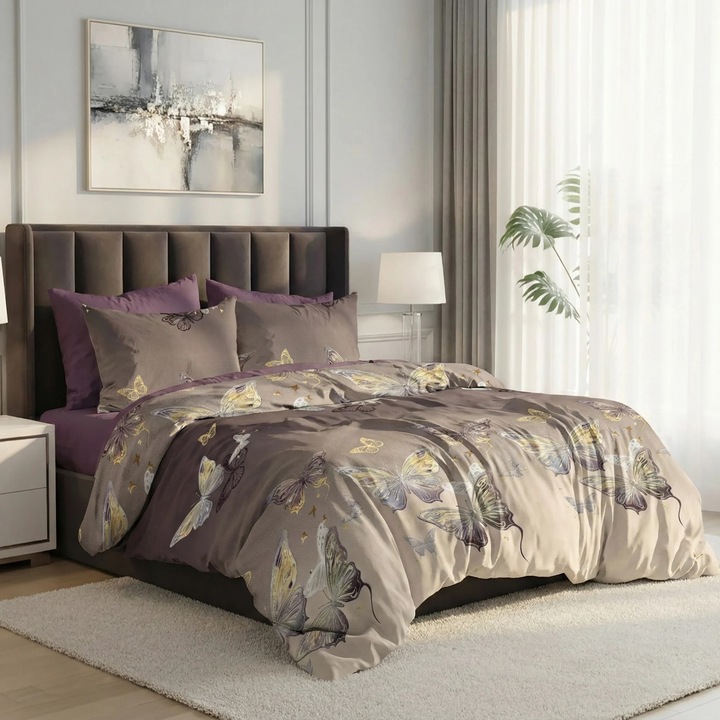 ELVO Economy dupla ágynemű 6 részes, Lila/Bézs Pillangók LEE9 Ralex Pucioasa