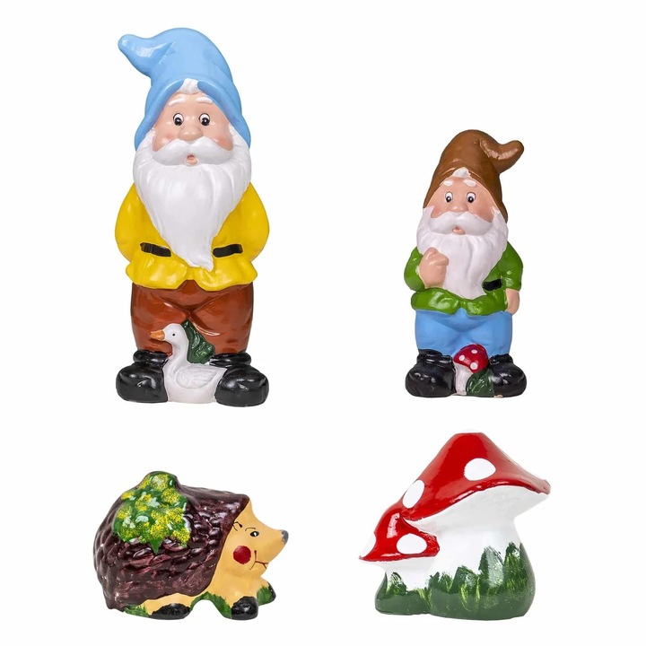 Pachet decor pentru gradina din ceramica, 2 x pitic, ciuperca si arici / EXT 10243