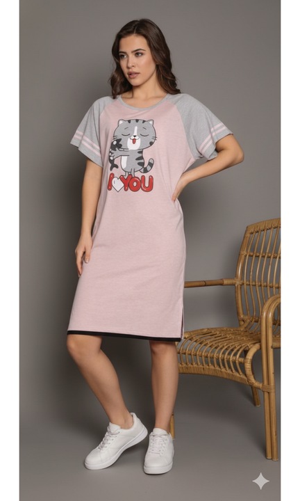 Rochie casual dama cu maneca scurta, pana la genunchi, imprimeu I Love You, roz