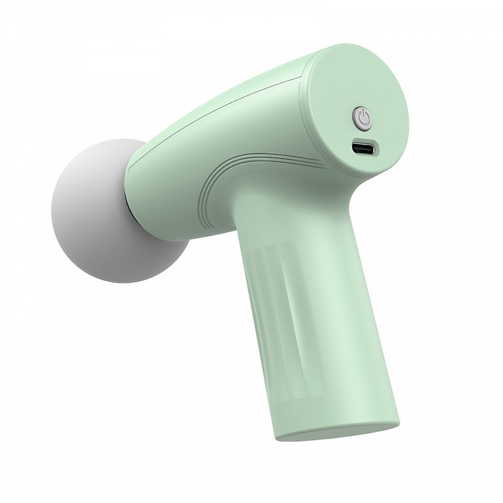 Mini masszázspisztoly, USB Type-C töltés, hordozható, izomlazításra, 120 perc üzemidő, 3 sebességfokozat, zöld