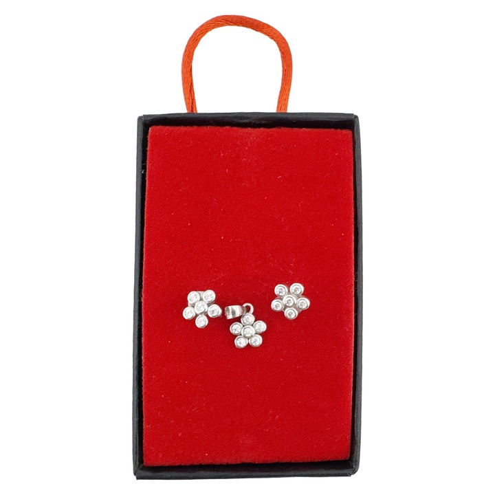 Set Bijuterii Dama Argint 925, Jolie, Cercei cu Pandativ, Model Floricele Rotunde cu Pietre Albe, 1.69 g, Argintiu