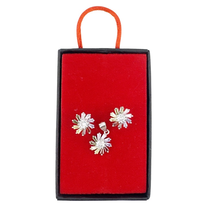 Set Bijuterii Dama Argint 925, Jolie, Model Flori Multicolore cu Mijloc Alb, Petale, 4.14 g, Multicolor/Argintiu