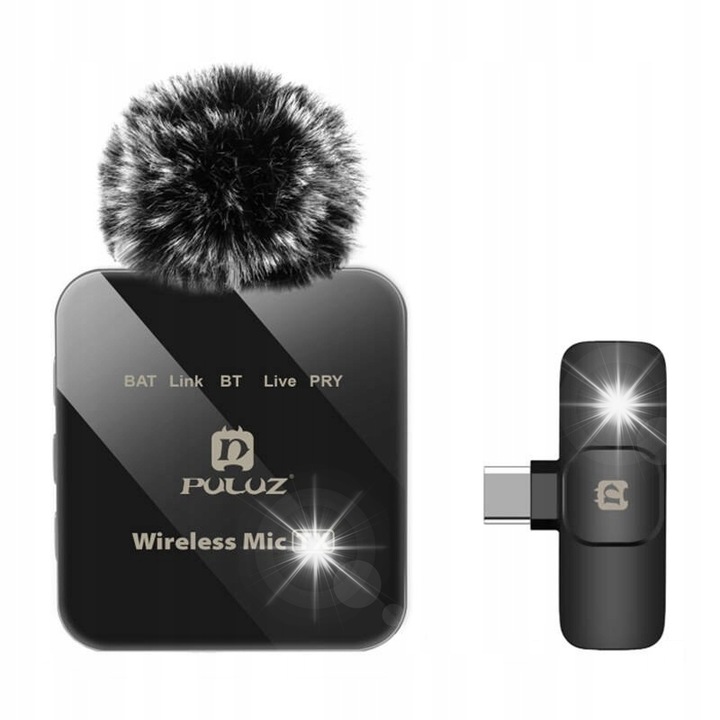 PULUZ PU648B vezeték nélküli mikrofon, USB-C, 10m, 12 óra üzemidő, fekete, 2 mikrofonos készlet, 2 vevőegység, 2 fülhallgató, 2 USB töltőkábel