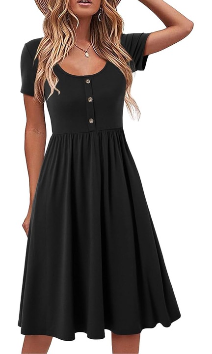 Rochie casual Beluring, midi, maneci scurte, decolteu rotund, neagra, S
