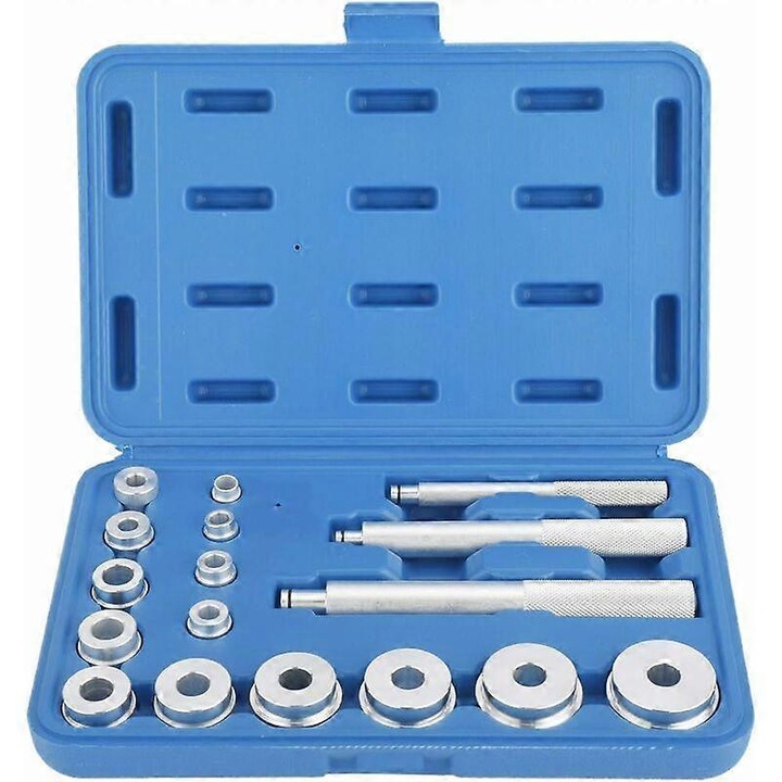 Set scule pentru extragerea rulmentilor, 17 piese, 14 adaptoare, 3 extractoare, 110x160mm, argintiu, cutie albastra