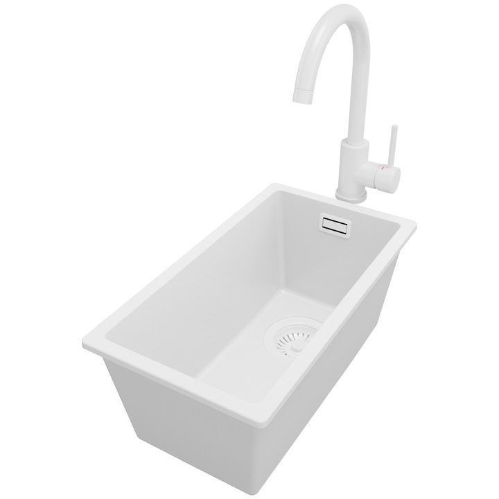 Chiuvetă sub blat London 30, PrimaGran, set complet cu baterie albă, dimensiuni 26x47cm, pentru dulap de 30cm