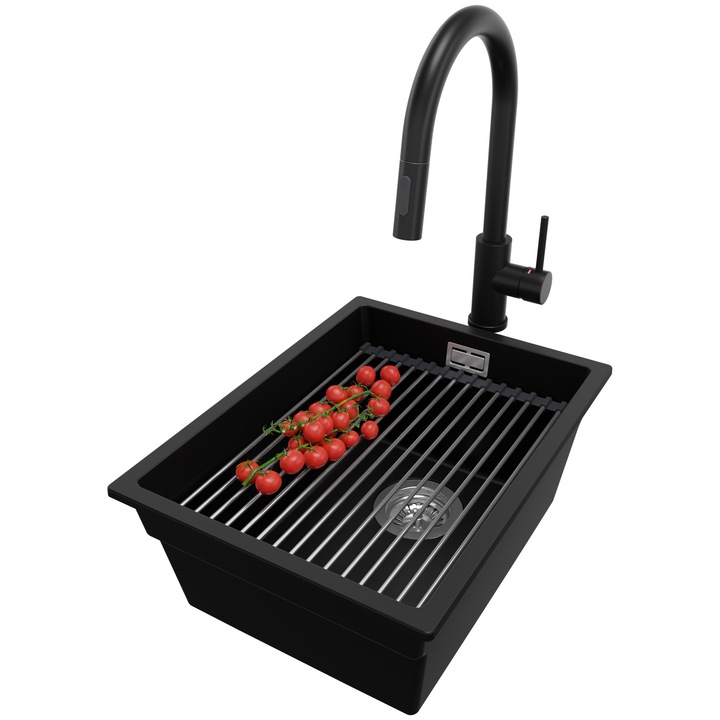 Chiuveta sub blat Praga 40 Nivel XXL cu baterie neagră, scurgere rulabilă, set complet, 36x47cm