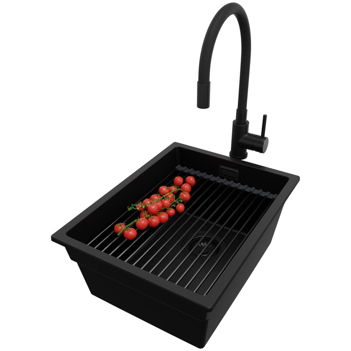 Chiuveta sub blat Praga 40 Nivel XXL, cuva mare, set complet cu baterie neagră, 36x47cm, pentru dulap 40cm