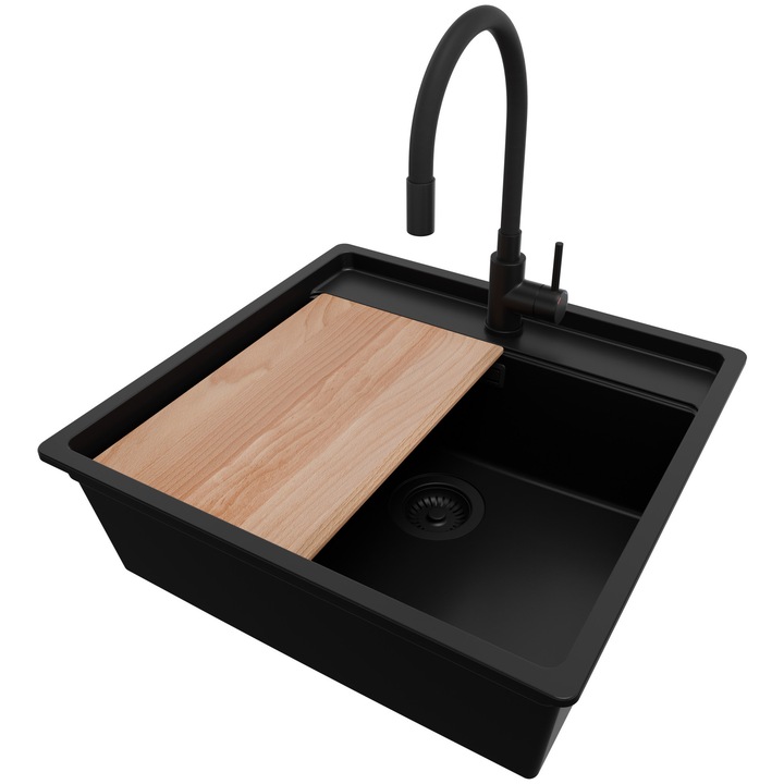 Chiuvetă sub blat Bergen 60 Low Cut, PrimaGran, 1 cuvă, neagră, 56x53cm, set complet cu baterie și sifon