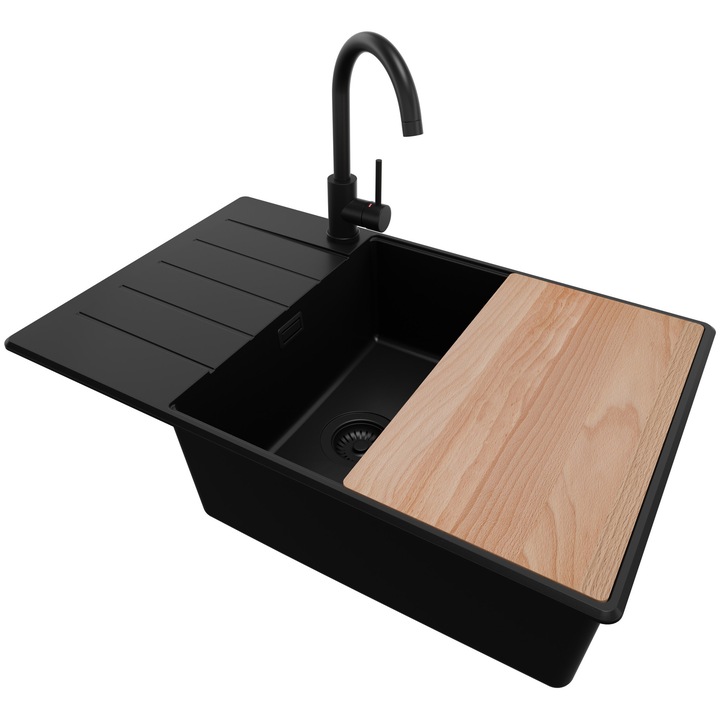 Chiuvetă de bucătărie din granit Copenhaga, 1 cuvă, complet neagră, 78x50cm, set cu baterie și sifon