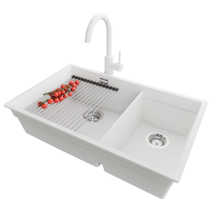 Chiuvetă de bucătărie din granit Praga 80 Duo Level Slim, alb, 2 cuve XXL, dimensiuni 76x47cm, set complet cu baterie și accesorii
