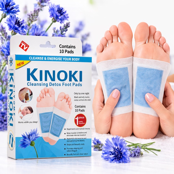 Set 10 Plasturi Plasturi Detox KINOKI Macvi® pentru Picioare cu floare albastra, Detoxifiere Naturala, Eliminare Toxine, Reducere Miros Neplacut, Imbunatatire Somn, Relaxare si Revitalizare