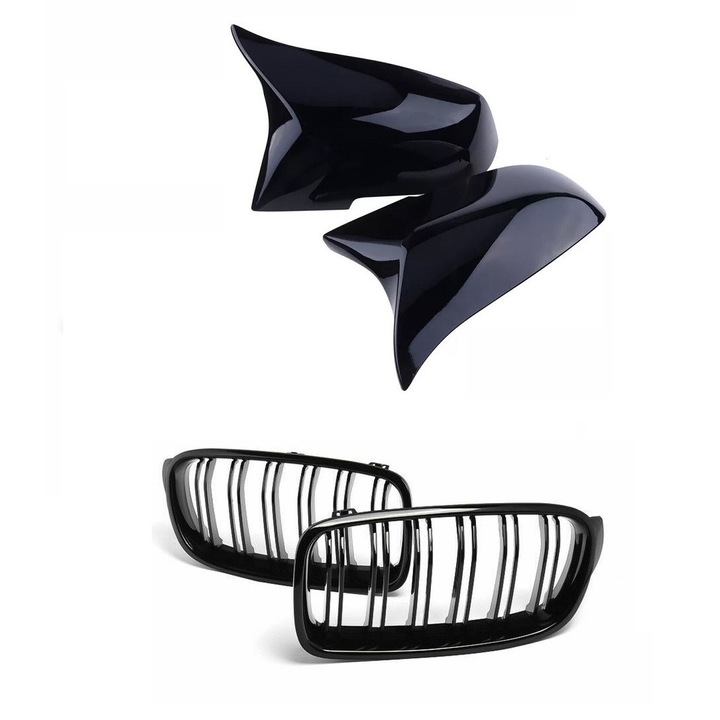 Set grile duble si capace oglinzi M Style pentru BMW Seria 3 F30, F31 (2011-2018), negru lucios