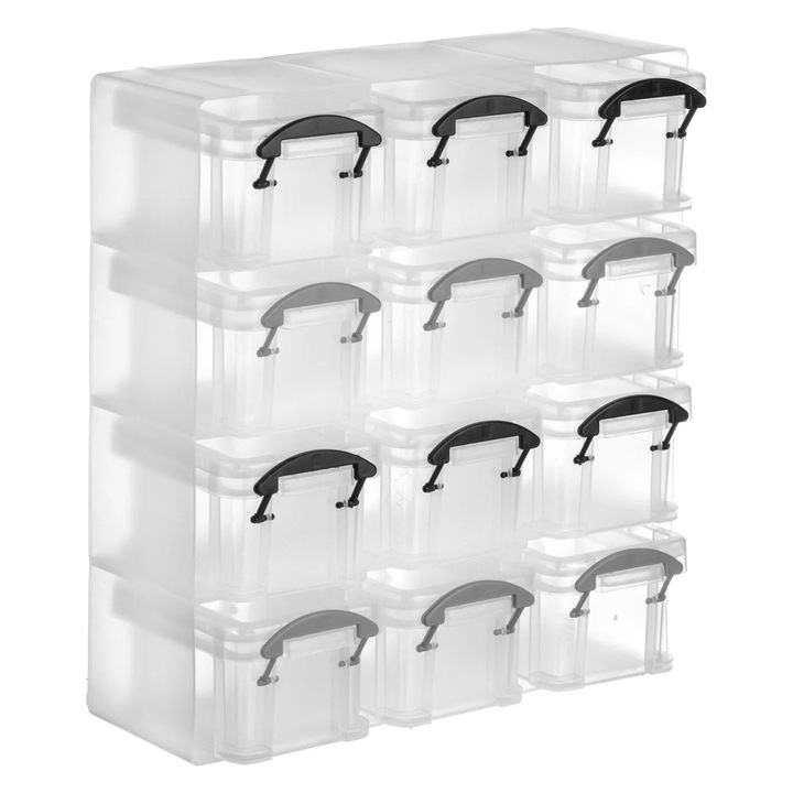 Set Organizator 12 Cutii cu Capac si Manere de Blocare, in Cutie Glisanta Transparenta, 21x22 cm