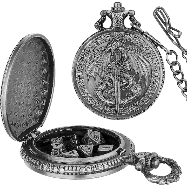 Set de zaruri mini DND, Dragon zburator cu sabie lunga, 7 zaruri poliedrice metalice, argintiu