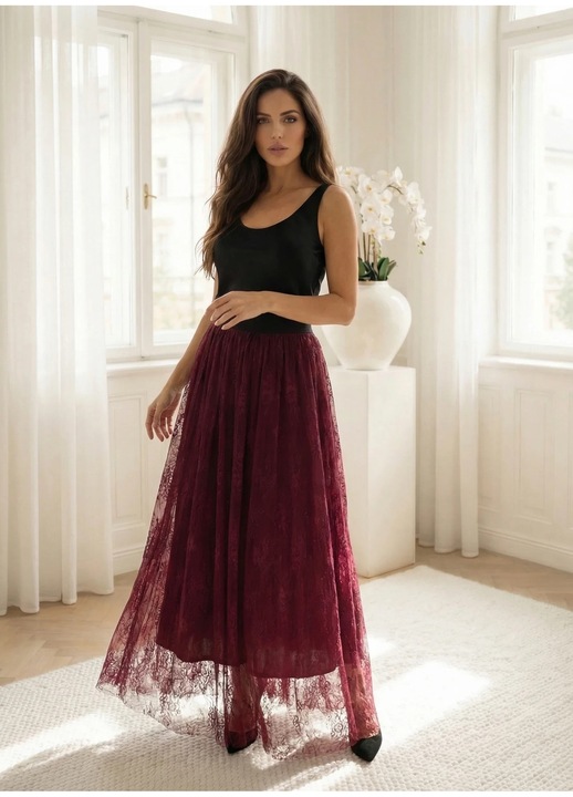 Fusta lunga din dantela visinie, Bordeaux, One Size