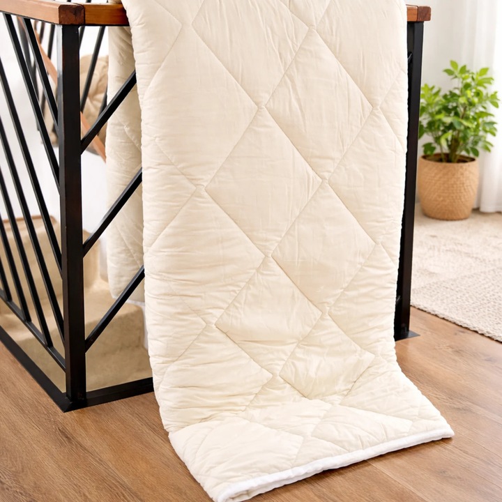 Topper Lana Merino 100% LanaWool 140x200 cm, 900 g/mp Exterior Bumbac OekoTex Clasa 1, Protectie Saltea, Crem