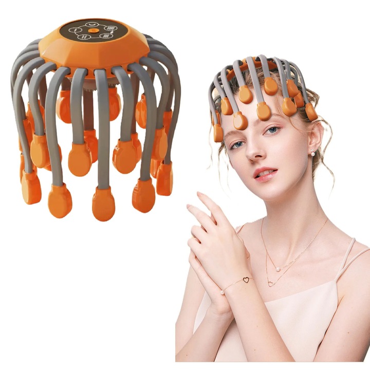 Aparat masaj electric pentru cap, 20 de clesti, 5 moduri de masaj, portocaliu