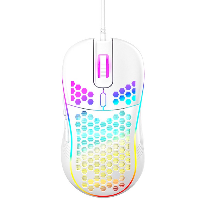 Vezetékes gamer egér, SuooTci, méhsejt design, állítható DPI 7200, fehér, 126x37x66mm