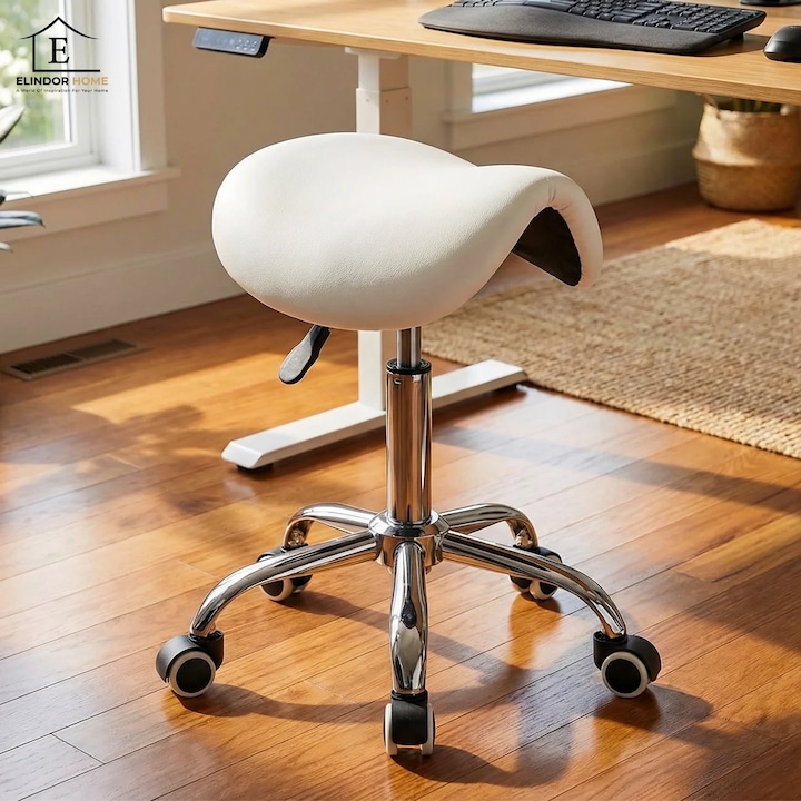 Ергономичен стол Elindor® тип седло, с въртене на 360°, без облегалка и подлакътници, компактен дизайн, тапициран с мека гъба, с метална основа с колелца, подходящ за кухня, офис, лекари, салон, регулируема височина 61 × 48 × 48 см, бял