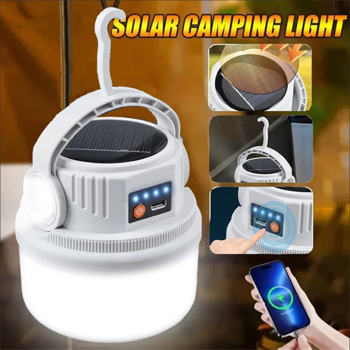 Lampa Camping Solara LED Reincarcabila, USB Type-C, Lanterna Portabila cu Agatatoare, 6 Moduri Lumina, Indicator Baterie Digital, Acumulator Capacitate Mare, Lumina Alba Puternica, pentru Cort, Pescuit, Gradina, Terasa, Urgenta, Multifunctionala