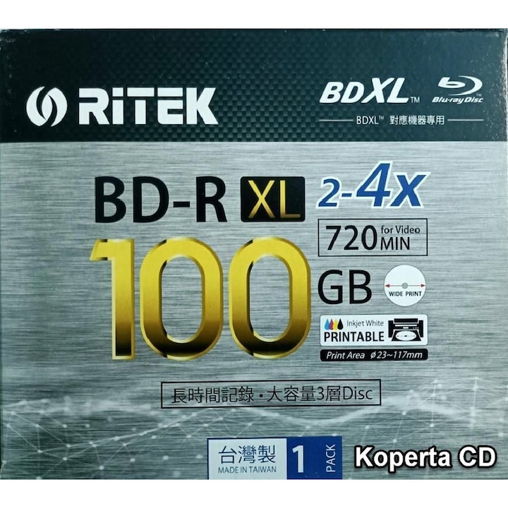 Blu-Ray Printabil Ritek BD-R XL, 100GB, 4x, in plic