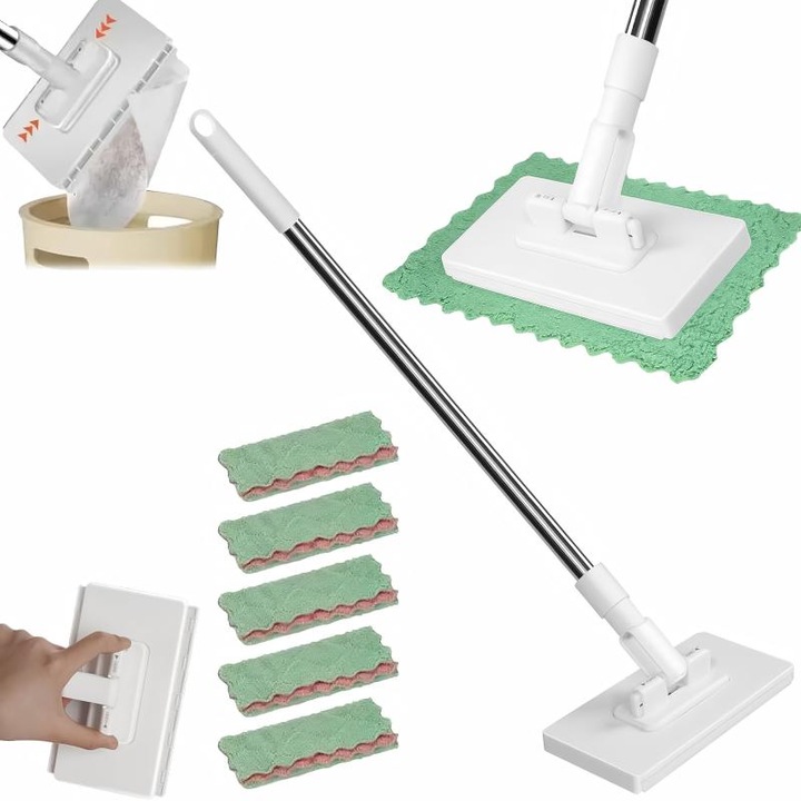 Mop de curatare, AjieQaQ, fara spalare manuala, Laveta de mop poate fi inlocuita dupa bunul plac, 8 lavete reutilizabile, 130CM, pentru utilizare umeda si uscata