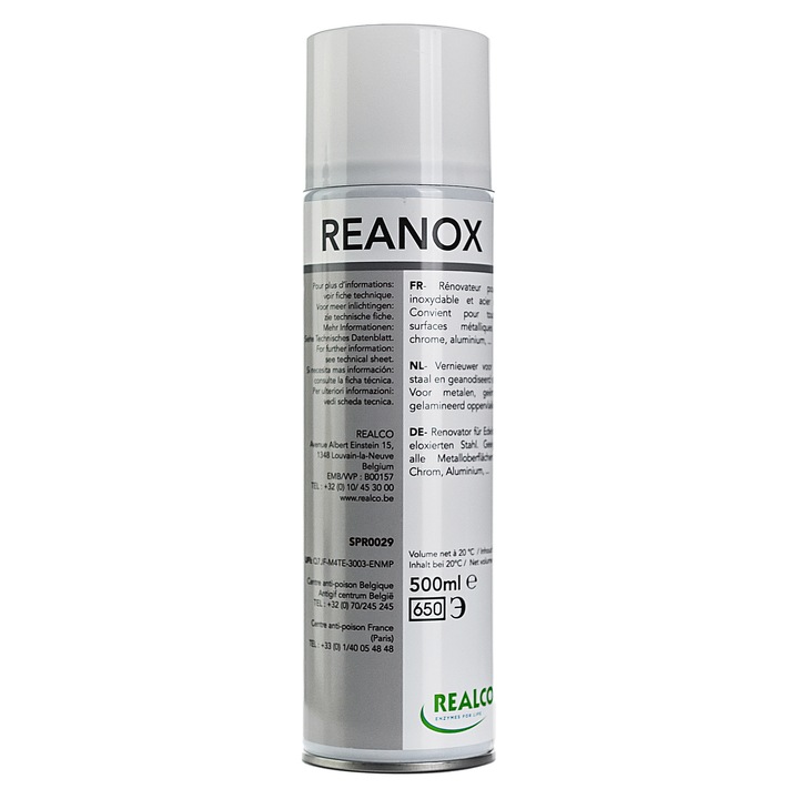 Spray Profesional pt. Curatarea si Restaurarea Luciului pt. INOX sau alte Suprafete Metalice Alimentare REANOX - 500ml Realco