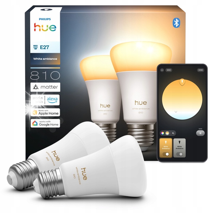 LED крушки Philips Hue A60 E27 810 lm, комплект от 2 броя, амбиентно бяла светлина