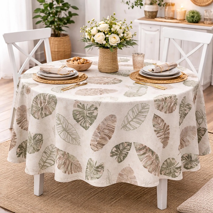 Fata de masa rotunda 160 cm antimurdarire, Imprimeu frunze Bej/Verde Ralex Pucioasa