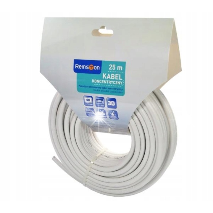 Коаксиален кабел Reinston, 25м, бял, двойно екраниран, 75 ома