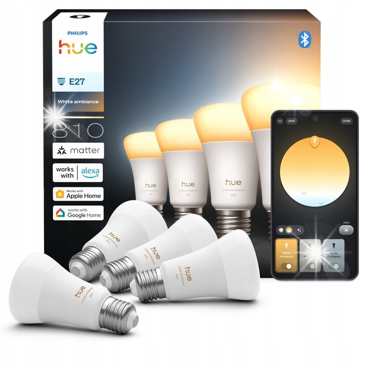 Becuri inteligente Philips Hue A60 E27, alb, set 4 bucati