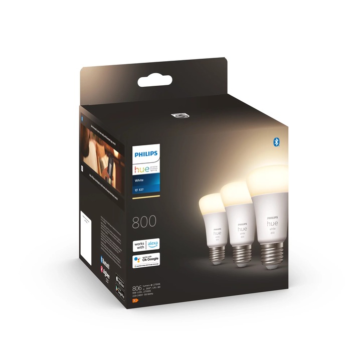 Крушка LED Philips Hue E27 9W 800lm бяла, комплект от 3 броя, димируема