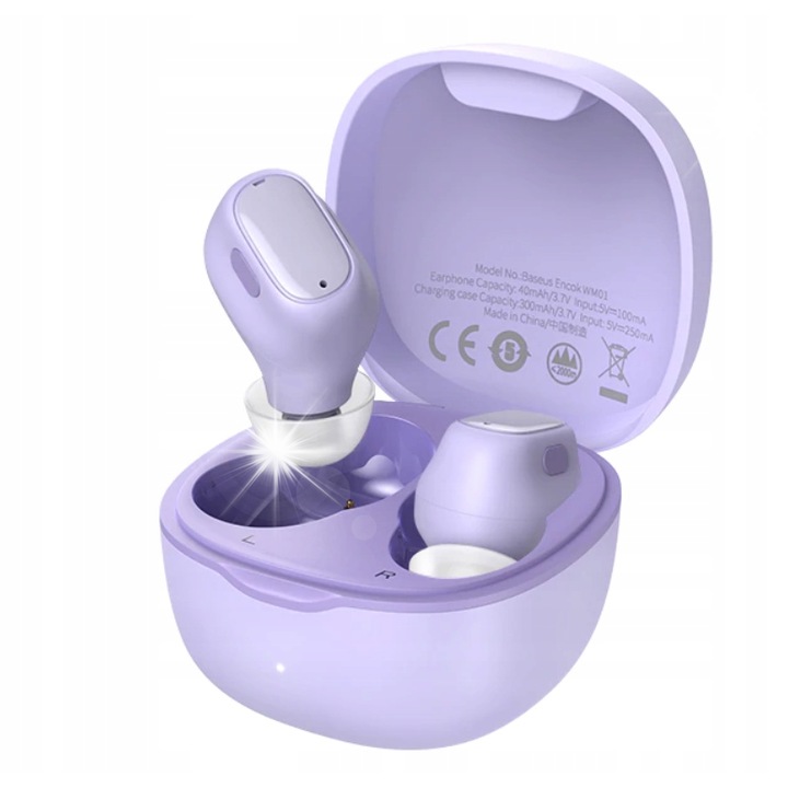 Casti wireless Baseus Encok WM01 TWS, Bluetooth 5.0, ergonomice, violet, set cu 3 dimensiuni de ureche