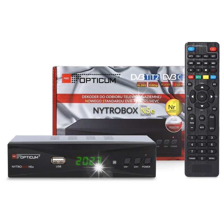 Tuner TV Opticum Nytrobox NSe, Full HD 1080p, DVB-T2/HEVC, USB, teljes készlet