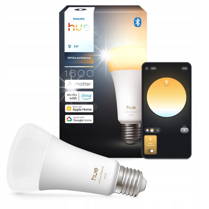 Интелигентна крушка Philips Hue A60 E27, бяла, 11.8W, 1600 lm