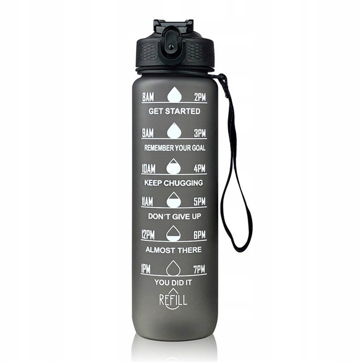 Sticla de apa, Kanao, 1000 ml, Etansa, Fara BPA, Cu cana de masurat, Cu gradare, Perfecta pentru exercitii fizice, Ecologica, Neagra, Setul include: sticla de apa de 1000 ml cu pai, curea pentru sticla de apa, Material: PP + PC, Dimensiuni: 28 cm x 7, 5