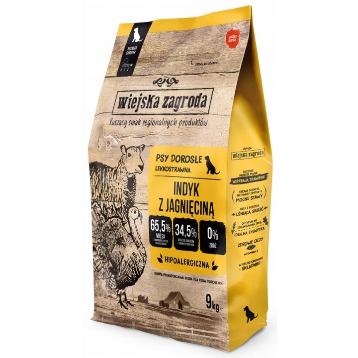 Суха храна за кучета, Wiejska Zagroda, агнешко//пуешко, 9 кг, без глутен, за средни породи