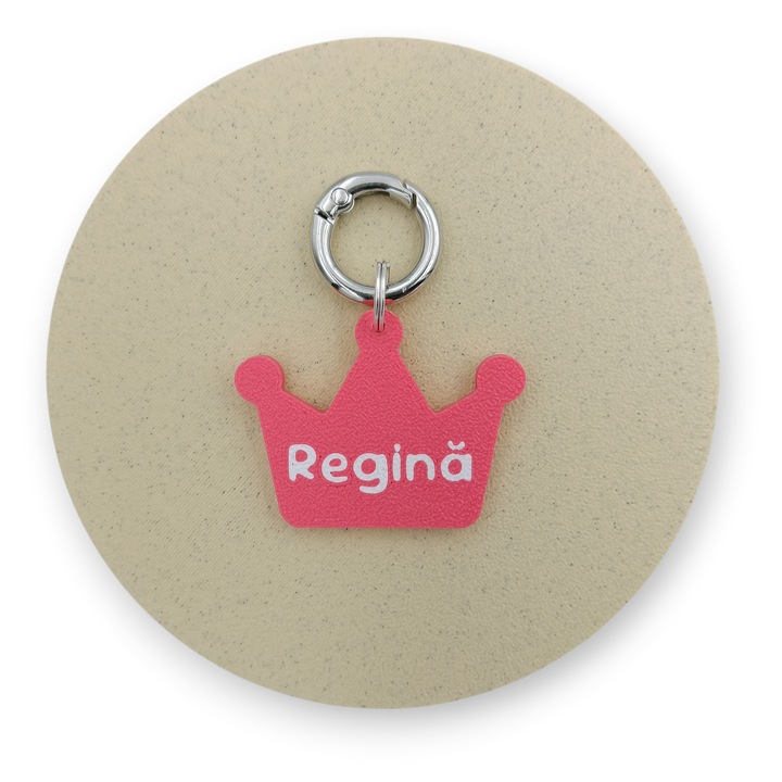 Medalion Caini Regina, Forma Coroana, 42x32 mm, PLA Bioplastic, Printat 3D, Roz, Alb