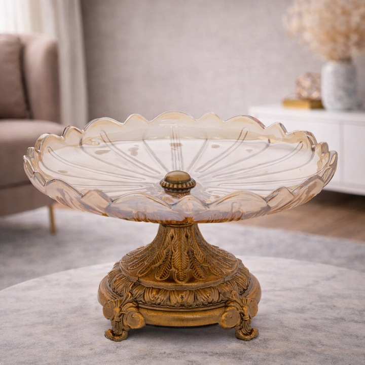 Farfurie din sticlă fumurie cu picior, bază metalică aurie, 25x25cm