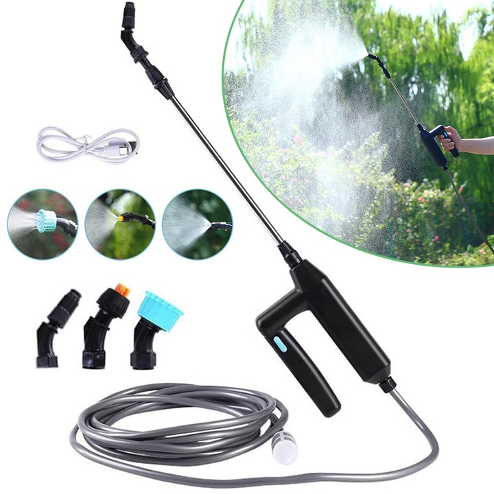 Lance Portabila Pentru Pulverizator De Gradina Alimentata Cu Baterii, Telescopica Lance Electrica Cu Furtun De 5M, Maner De Udare Electric Reincarcabil, 3 Duze Reglabile Pentru Buruieni, Gazon, Curte