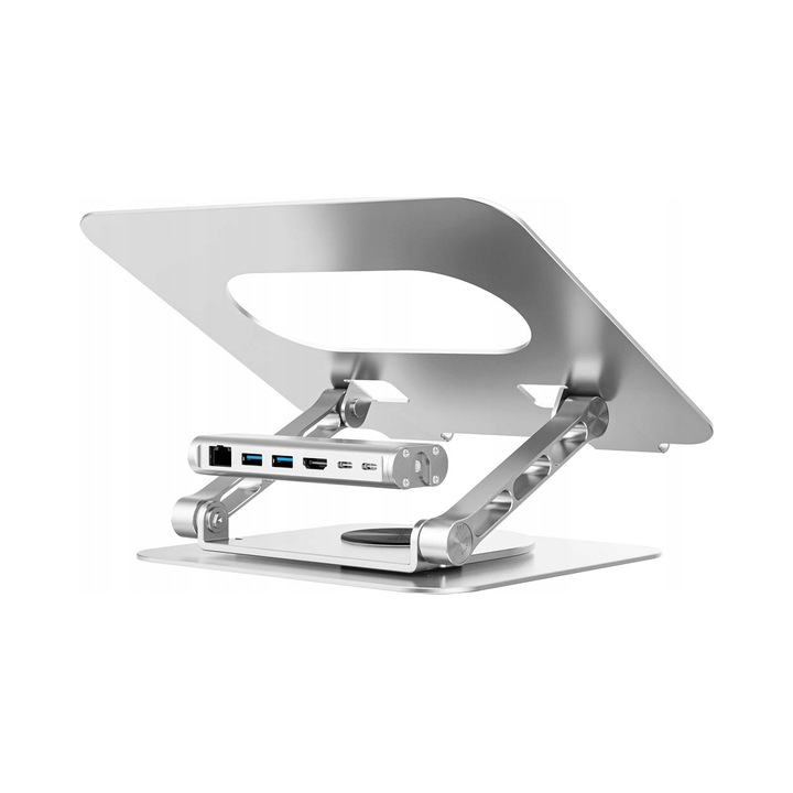 Suport laptop Unitek D1109B01, hub USB-C detasabil, gri spatial, 26x22.4x5.3cm
