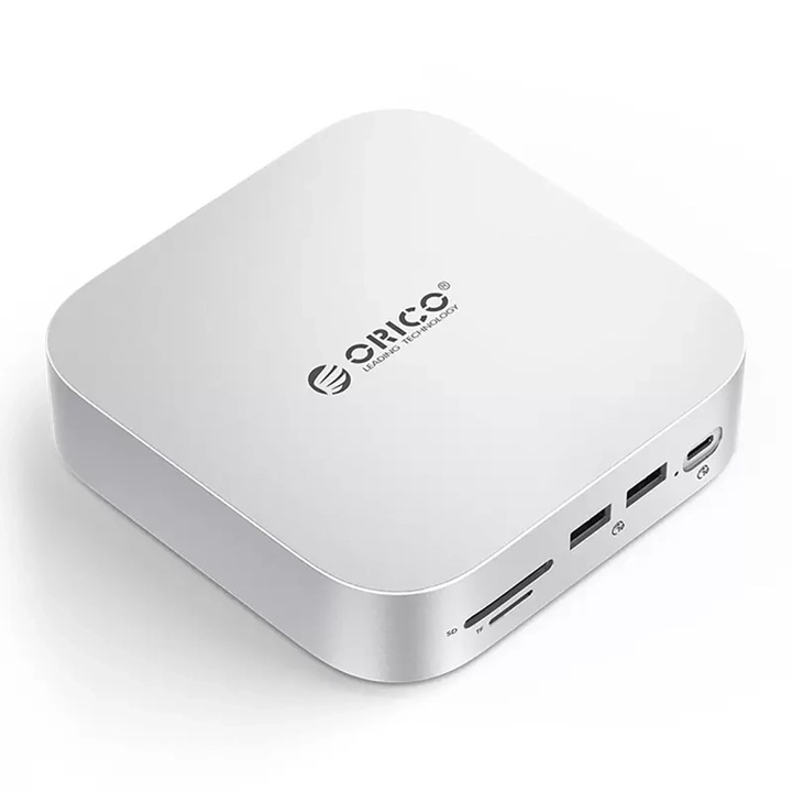 Adaptor HUB 9-in-1 Orico Orico MiniLink, 10Gbps, USB-C la 1x USB-A 3.2, 1x USB-A 2.0, 1x UBS-C, 2x Jack 3.5mm, 1x RJ45, 1x TF, 1x SD, Silver