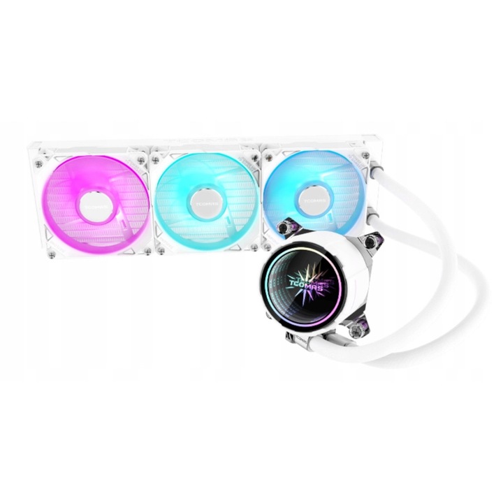 Racire procesor Tcomas LA200 360, 3 ventilatoare, ARGB, alb, dimensiuni radiator 29,2x394x119,2mm, set complet