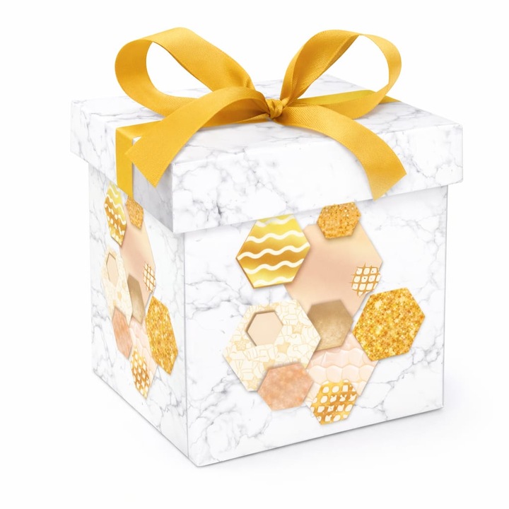 Cutie Cadou Premium patrata 22x22x22 cm din Hartie Cartonata, Alb Auriu